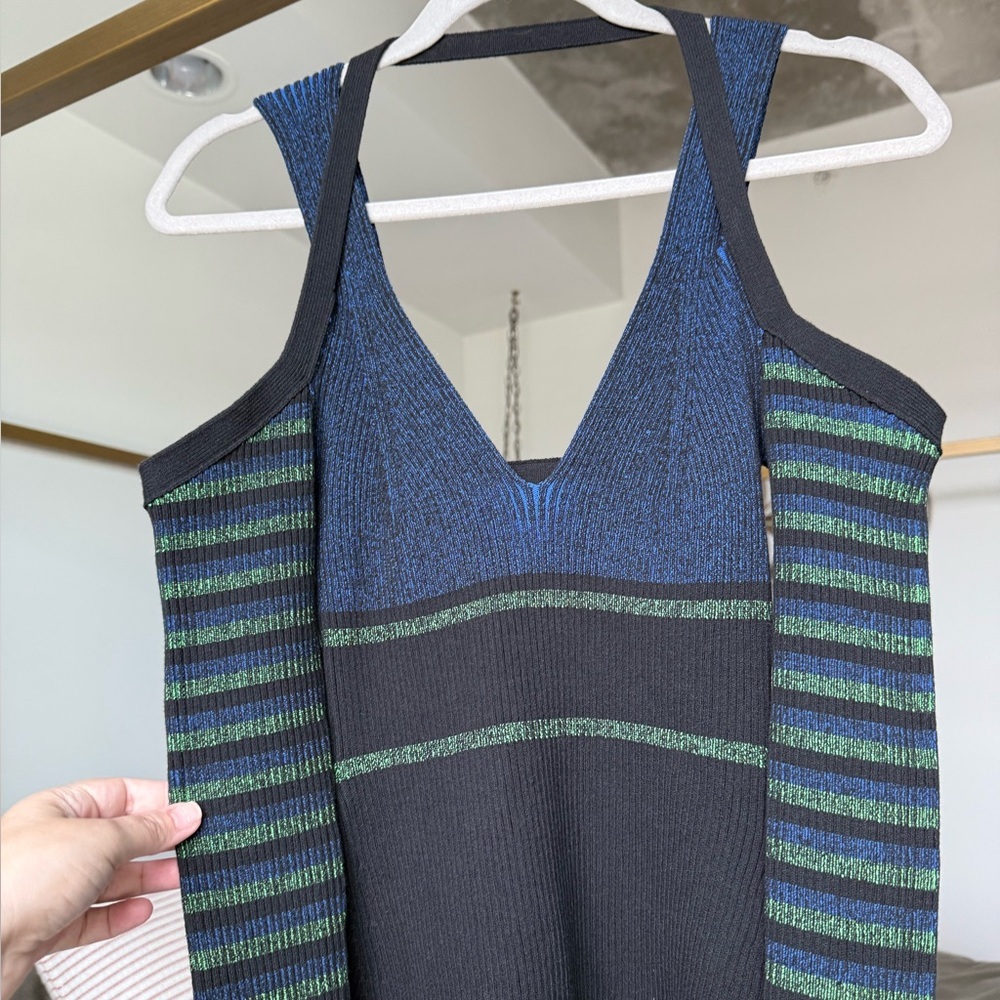 Opening Ceremony Ribbed Knit Dress Womens S Green Black Long Sleeve Fit & Flare - Picture 3 of 10